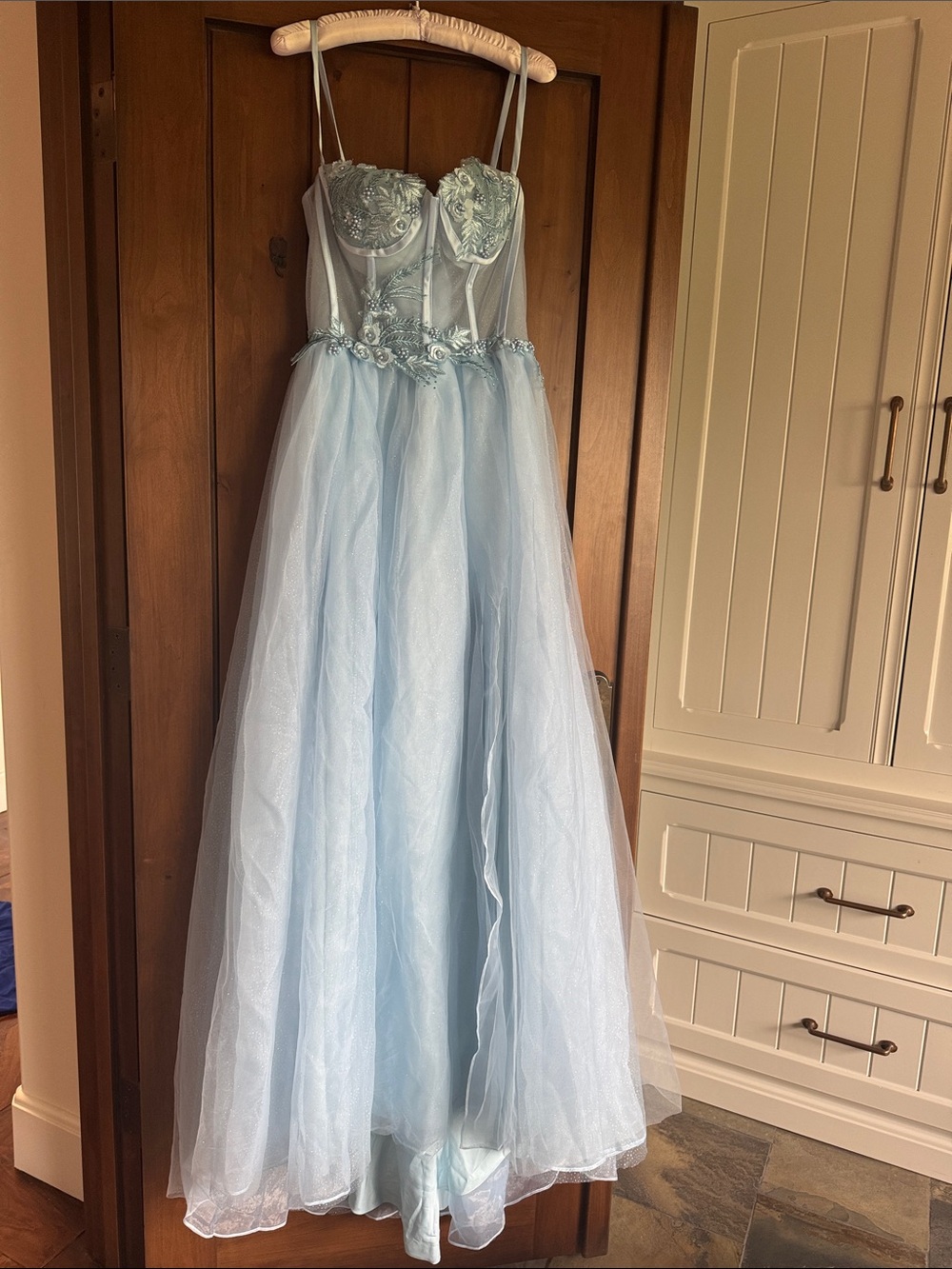 Light Blue Spaghetti-Strap Tulle Prom Dress with Floral Embroidered Bodice